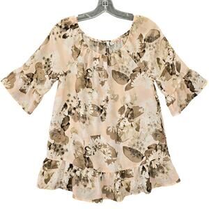 Elle White Sheer Floral Shirt Short Flutter Sleeves Ruffles Scoop Neck Women's M